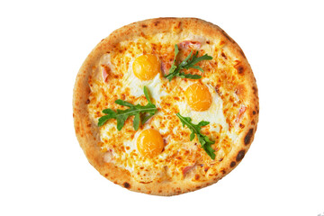 Pizza with cheese, bacon, fried egg and arugula