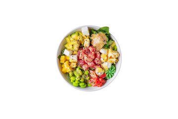 Salad with tuna, avocado, mango, wasabi, mozzarella, beans, sesame seeds, pickled ginger, sauce and chuka