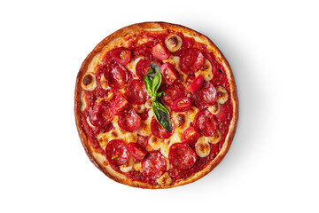 Pizza with pepperoni, basil, tomatoes, cheese and ketchup
