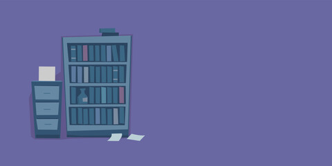 Stylized Messy Office Book Shelf Vector Illustration Retro Cartoon Style Banner