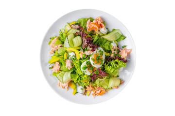Salad with salmon, onion, frisse salad, cucumbers, boiled egg, mozzarella, avocado, lettuce and peas