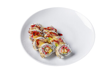 Roll with avocado, nori, sesame seeds, eel, rice, tobiko caviar and sauce