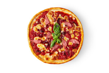 Pizza with ham, sausages, basil, tomatoes, cheese and ketchup