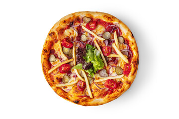 Pizza with fries, salad, pickled cucumbers, onions, tomatoes, cheese and ketchup