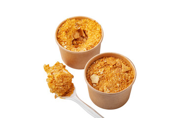Creme brulee with peanuts, caramel, crumb and cream
