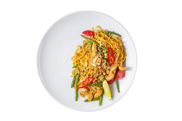Spaghetti with breaded shrimps, sesame seeds, chili peppers, peanuts, asparagus beans, lemon, tomatoes and beans