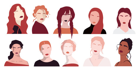 Set of abstract women portraits. Boho style. Modern art prints. Neutral Colors.  Modern Boho style background for art print, poster, card, decor, tote bag. Contemporary portrait. EPS 10