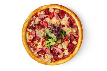 Pizza with ham, sausages, lettuce, tomatoes, cheese and ketchup