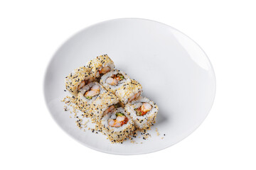 Roll with shrimps, nori, sesame seeds, rice, salmon caviar and sauce