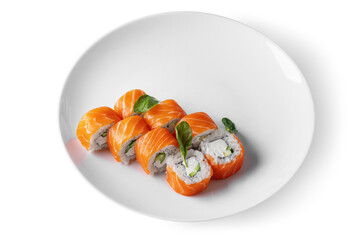 Roll with rice, basil, cucumbers, salmon and Philadelphia cheese