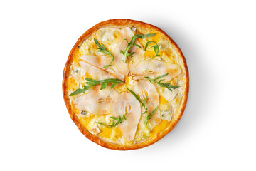 Pizza with pear, arugula, blue cheese, egg and cheese