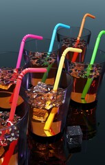 six glasses of fresh juice or cocktail with alcohol with ice cubes cocktail sticks, party quench your thirst concept. 
