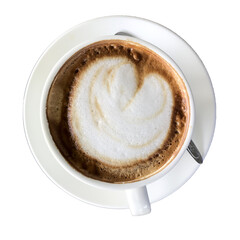 top view of coffee in a white ceramic cup and a spoon on white background with clipping path