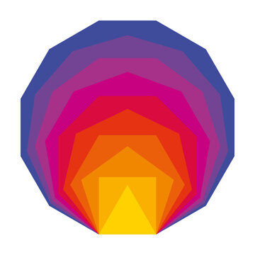 Colorful convex regular polygons, placed inside each other. Equiangular and equilateral polygons with the same line segment length, from a triangle to a dodecagon, showing Mach bands optical illusion.