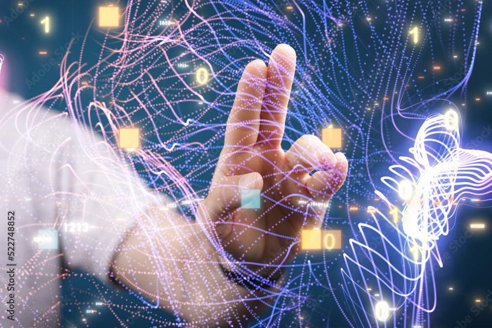 Poster businessman using data network with his fingers
