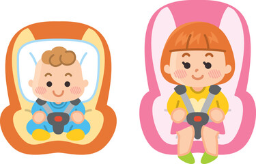 ベビーシートに座った赤ちゃん　チャイルドシートに座った子供