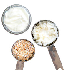 Ingredients oatmeal, yogurt, isolated objects on a white background