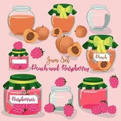 A set of fruit jams in glass jars in cartoon style. Peach and raspberry with fruit elements. Used for children's illustration, kitchen, food illustration.