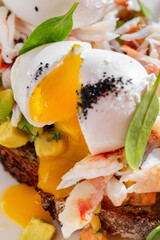 Sandwich with salmon, crab meat, boiled egg, avocado