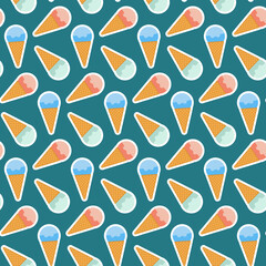 Ice cream scoop with fruit syrup in waffle cone seamless pattern for design background