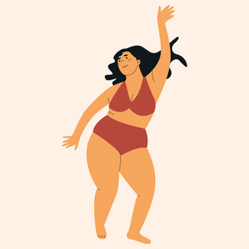 Dancing woman in red underwear. My body my rules concept. Body positive woman. Natural beauty of the female body. Attractive overweight woman. Flat stock vector illustration, eps 10.