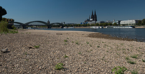Kölner Dom und die Hohenzollernbrücke bei Niedrigwasser des Rheins