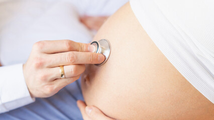 Doctor consultation pregnant woman. Medical clinic for pregnancy consultant. Doctor examining pregnancy woman belly holding stethoscope. Concept maternity, pregnancy, childbirth.