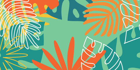 Tropical trendy background yellow green color, leaf monstera palm tree jungle. Bright contrast background © OlgaKorica