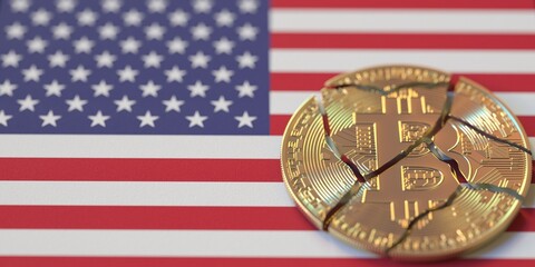 Flag of the United States and broken bitcoin. Cryptocurrency ban or crypto legal issues concepts, 3d rendering