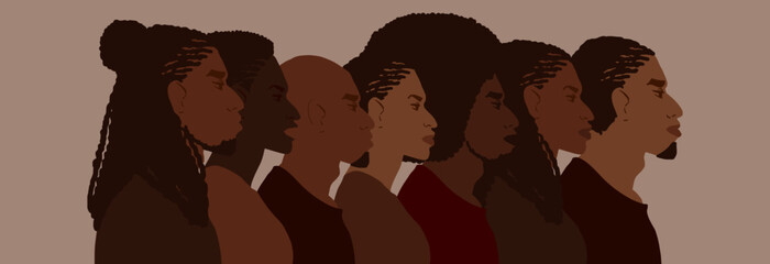 Naklejka premium Group of african american people with differnt afro hair styles. Man and woman crowd illustration.