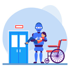 Moving a patient to wheelchair Concept, Recovery Room scene vector icon design, Robotic medicine symbol, Healthcare Scene Sign, Innovation Artificial Intelligence Works in Modern Clinic stock 