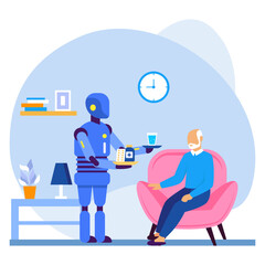 Robot is fetching food and water Concept, Physically-Assistive cobot vector icon design, Robotic medicine symbol, Healthcare Scene Sign, Innovation Artificial Intelligence Works in Modern Clinic stock