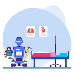 Teleoperated robots Concept, bot with walking sticks and ecg machine vector icon design, Robotic medicine symbol, Healthcare Scene Sign, Innovation Artificial Intelligence Works in Modern Clinic stock