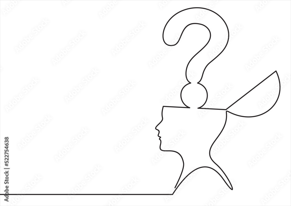 Poster the head of a man with a question mark is drawn by a single black line on a white background. contin