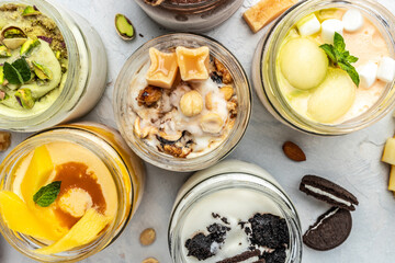 Caramel ice cream in glass jar. banner, menu, recipe place for text, top view