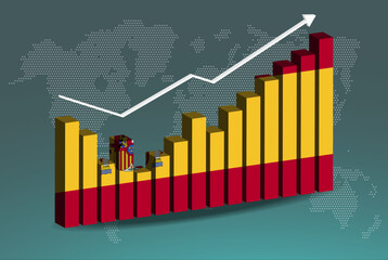 Spain 3D bar chart graph with ups and downs, increasing values, upward rising arrow on data, news banner idea