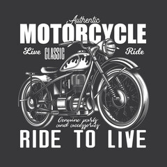 Original monochrome vector illustration. An old vintage retro motorcycle on the background of a text composition. T-shirt or logo design