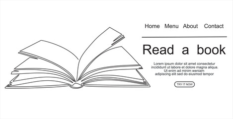 book with continuous one line drawing. Illustration of educational supplies back to school theme for website landing page. Order a banner for one line drawing.