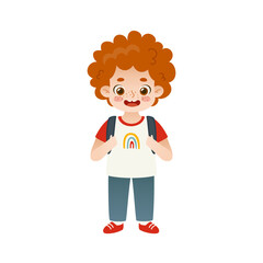 Cute red hair school boy with backpack. Cartoon happy student standing.