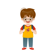Cute school boy standing with backpack. Cartoon happy student with glasses.