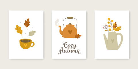 Set of cozy autumnal poster. Collection of vintage autumn vector prints for postcards.