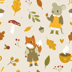 Cozy autumn forest pattern with cute baby animals. Seamless vector fall print for kids fabric and nursery. © Sonium_art