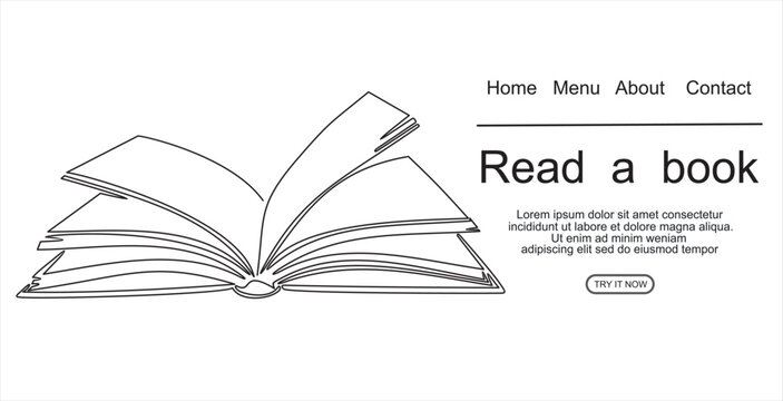 book with continuous one line drawing. Illustration of educational supplies back to school theme for website landing page. Order a banner for one line drawing.