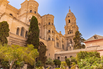 side view of Malaga cathedral with trees in the foreground