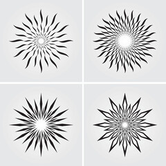Set of geometric mandala element design vector templates in stars, sunbursts, sun rays, and beams of light shape patterns.