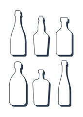 Set drinks. Alcoholic bottle. Champagne whiskey rum tequila liquor wine . Simple shape isolated with shadow and light. Colored illustration on white background. Flat design style