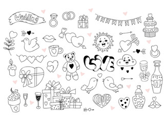 Set wedding and love doodles. Couple love birds with heart, gifts and wedding rings, cupids arrow, wedding cake, teddy bear toy, cute sun, cloud, champagne and glass. Isolated vector linear drawings