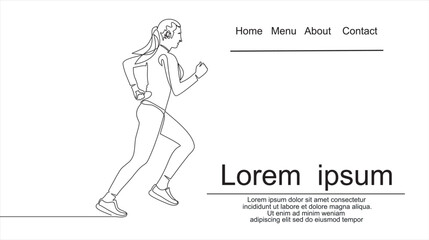 Continuous line drawing. Sport running woman on white background. Vector illustration. Can used for logo, emblem, slide show and banner. Illustration with quote template.