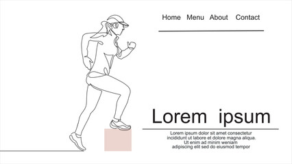 Fototapeta na wymiar Continuous line drawing. Sport running woman on white background. Vector illustration. Can used for logo, emblem, slide show and banner. Illustration with quote template.