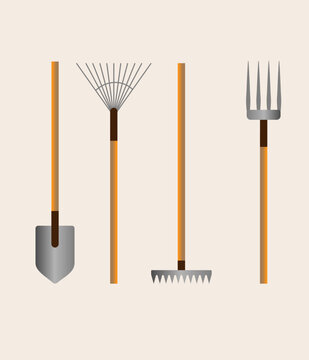 The set consists of illustrations of a shovel, a rake and other garden accessories.